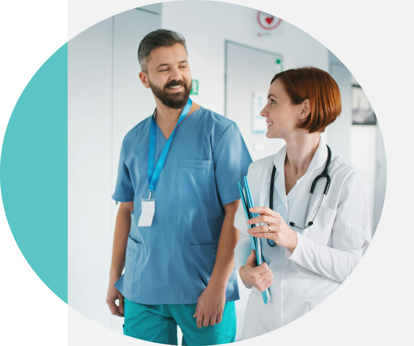 a doctor and a nurse having a conversation during a walk